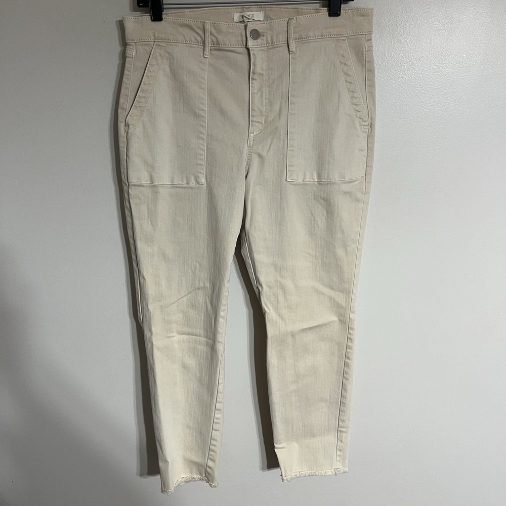 Loft Women's Cream Colored Khaki Pants Size‎ 12 Petite Straight Leg Raw Hem